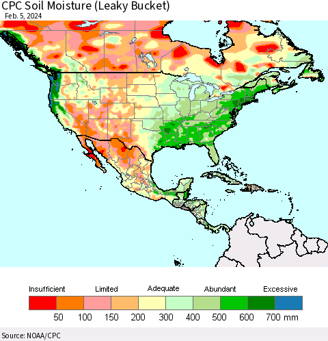 North America CPC Soil Moisture (Leaky Bucket) Thematic Map For 2/1/2024 - 2/5/2024