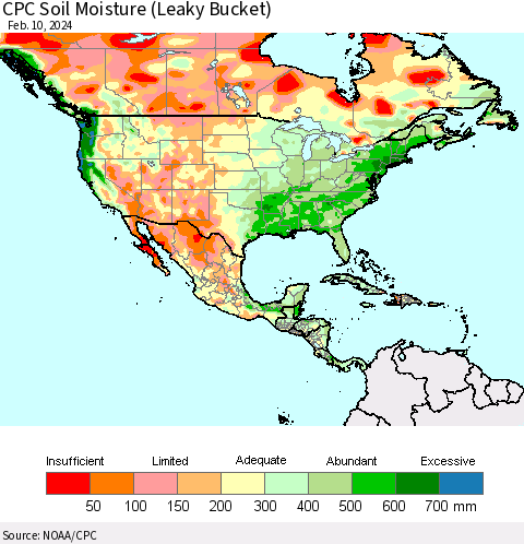 North America CPC Soil Moisture (Leaky Bucket) Thematic Map For 2/6/2024 - 2/10/2024