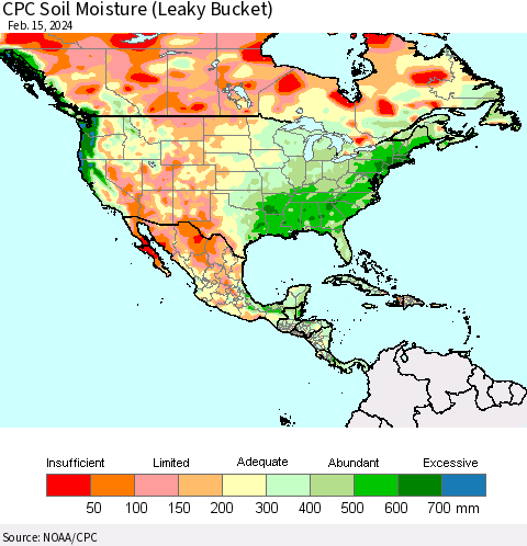 North America CPC Soil Moisture (Leaky Bucket) Thematic Map For 2/11/2024 - 2/15/2024
