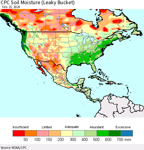North America CPC Soil Moisture (Leaky Bucket) Thematic Map For 2/21/2024 - 2/25/2024