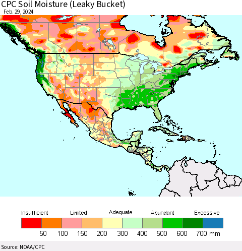 North America CPC Soil Moisture (Leaky Bucket) Thematic Map For 2/26/2024 - 2/29/2024