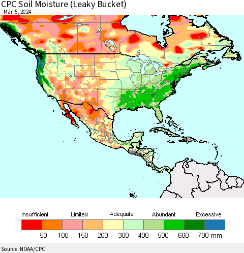 North America CPC Soil Moisture (Leaky Bucket) Thematic Map For 3/1/2024 - 3/5/2024