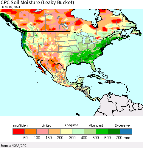 North America CPC Soil Moisture (Leaky Bucket) Thematic Map For 3/6/2024 - 3/10/2024