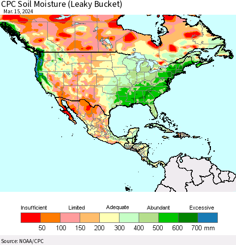 North America CPC Soil Moisture (Leaky Bucket) Thematic Map For 3/11/2024 - 3/15/2024