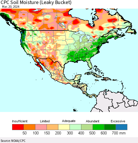 North America CPC Soil Moisture (Leaky Bucket) Thematic Map For 3/16/2024 - 3/20/2024