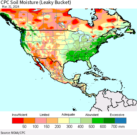 North America CPC Soil Moisture (Leaky Bucket) Thematic Map For 3/26/2024 - 3/31/2024