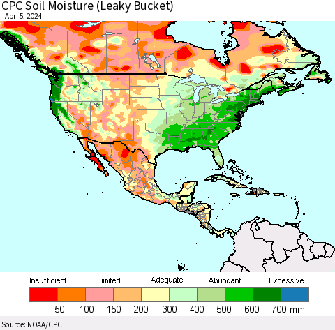 North America CPC Soil Moisture (Leaky Bucket) Thematic Map For 4/1/2024 - 4/5/2024