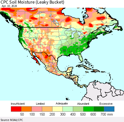 North America CPC Soil Moisture (Leaky Bucket) Thematic Map For 4/6/2024 - 4/10/2024