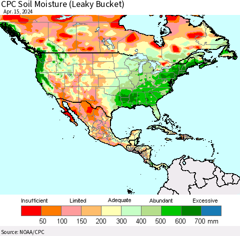 North America CPC Soil Moisture (Leaky Bucket) Thematic Map For 4/11/2024 - 4/15/2024