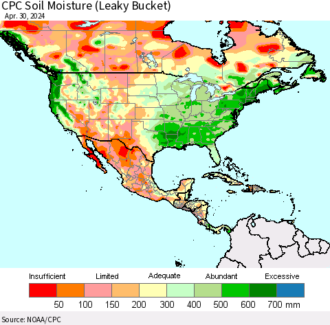 North America CPC Soil Moisture (Leaky Bucket) Thematic Map For 4/26/2024 - 4/30/2024