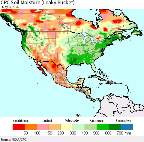 North America CPC Soil Moisture (Leaky Bucket) Thematic Map For 5/1/2024 - 5/5/2024
