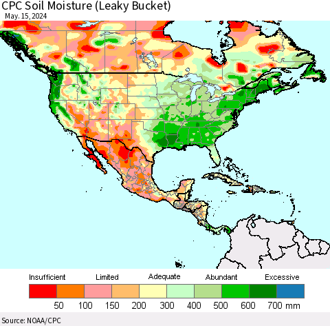 North America CPC Soil Moisture (Leaky Bucket) Thematic Map For 5/11/2024 - 5/15/2024