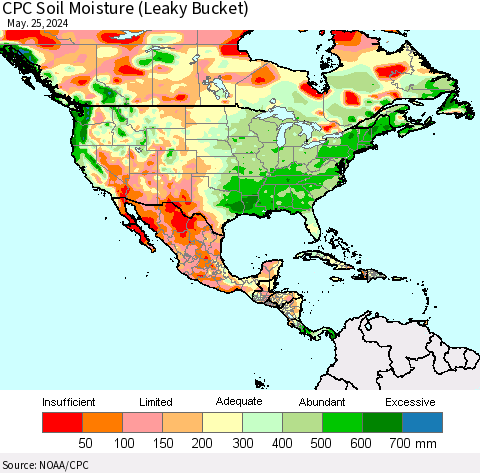 North America CPC Soil Moisture (Leaky Bucket) Thematic Map For 5/21/2024 - 5/25/2024