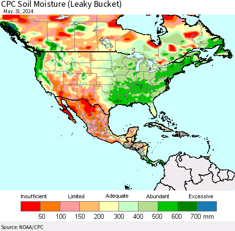 North America CPC Soil Moisture (Leaky Bucket) Thematic Map For 5/26/2024 - 5/31/2024