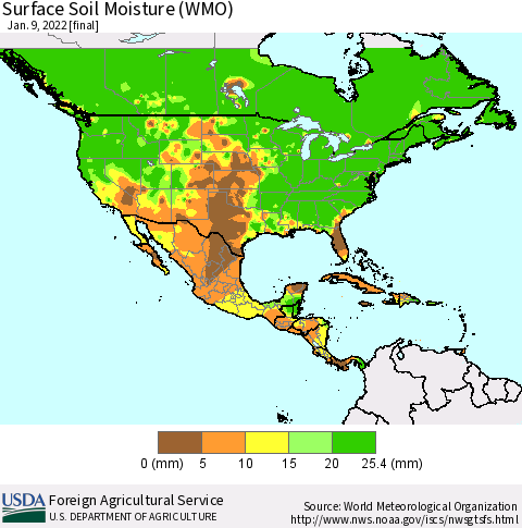 North America Surface Soil Moisture (WMO) Thematic Map For 1/3/2022 - 1/9/2022