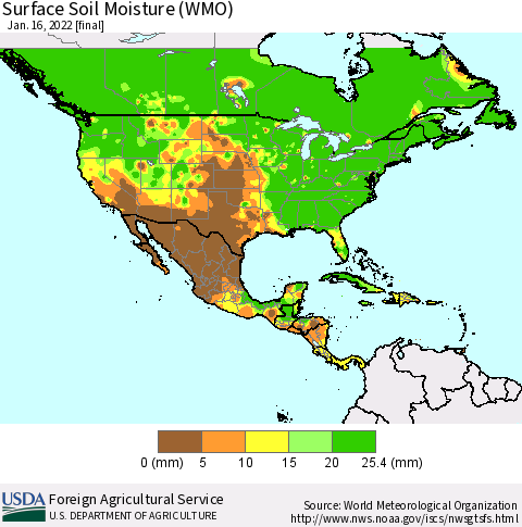 North America Surface Soil Moisture (WMO) Thematic Map For 1/10/2022 - 1/16/2022