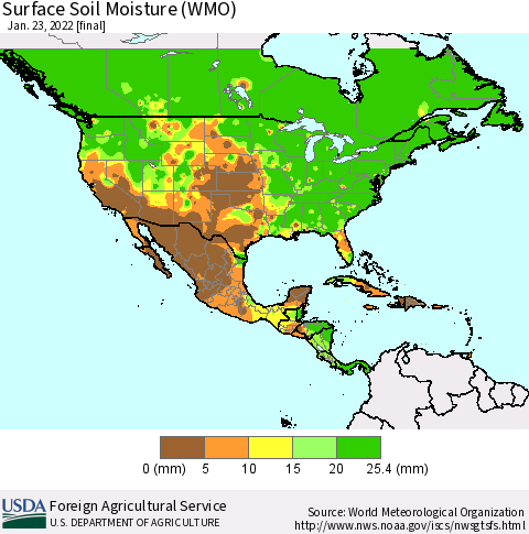 North America Surface Soil Moisture (WMO) Thematic Map For 1/17/2022 - 1/23/2022