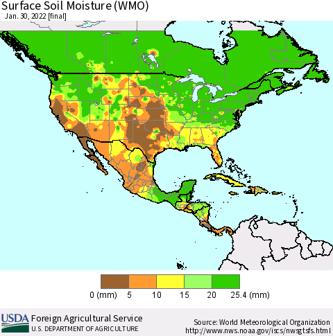 North America Surface Soil Moisture (WMO) Thematic Map For 1/24/2022 - 1/30/2022