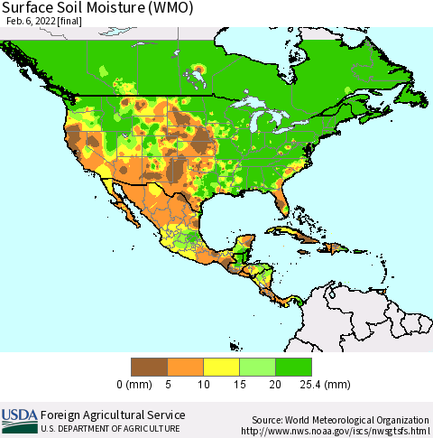 North America Surface Soil Moisture (WMO) Thematic Map For 1/31/2022 - 2/6/2022