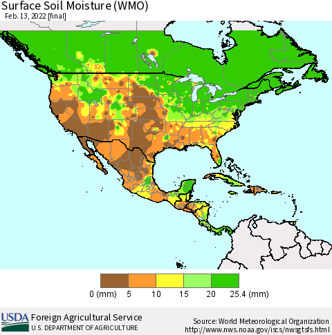 North America Surface Soil Moisture (WMO) Thematic Map For 2/7/2022 - 2/13/2022