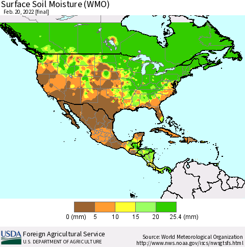 North America Surface Soil Moisture (WMO) Thematic Map For 2/14/2022 - 2/20/2022