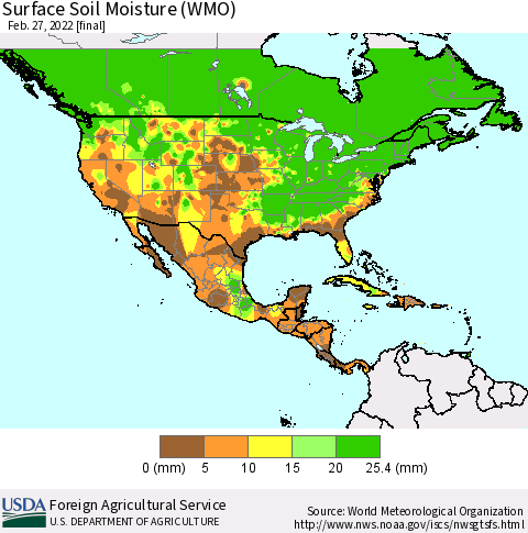 North America Surface Soil Moisture (WMO) Thematic Map For 2/21/2022 - 2/27/2022