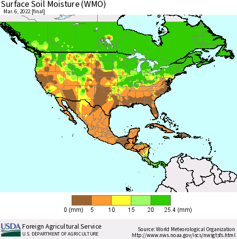 North America Surface Soil Moisture (WMO) Thematic Map For 2/28/2022 - 3/6/2022