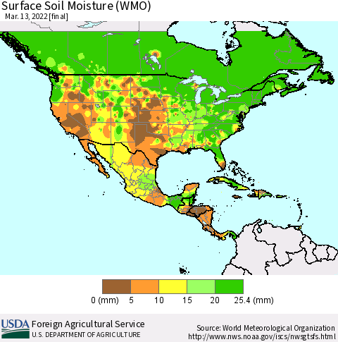 North America Surface Soil Moisture (WMO) Thematic Map For 3/7/2022 - 3/13/2022