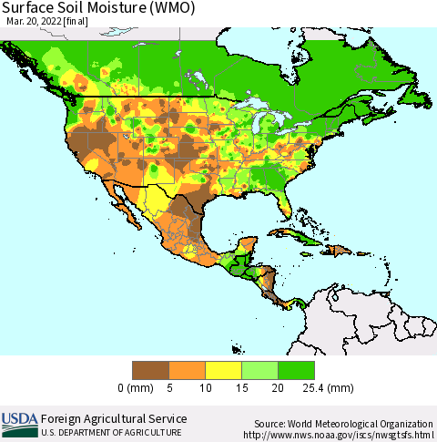 North America Surface Soil Moisture (WMO) Thematic Map For 3/14/2022 - 3/20/2022