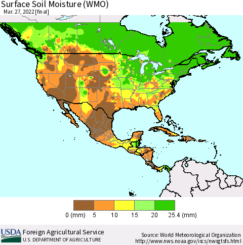 North America Surface Soil Moisture (WMO) Thematic Map For 3/21/2022 - 3/27/2022
