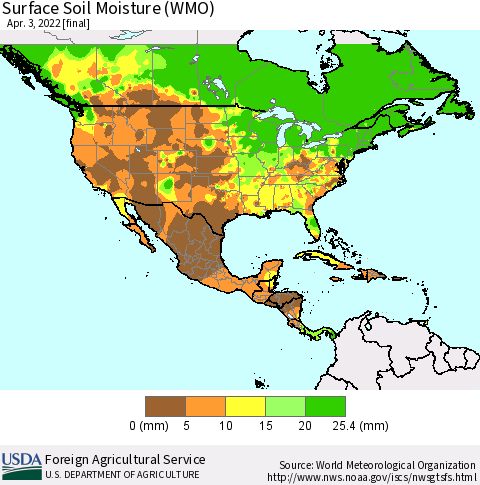 North America Surface Soil Moisture (WMO) Thematic Map For 3/28/2022 - 4/3/2022