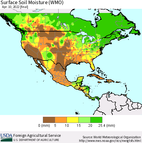 North America Surface Soil Moisture (WMO) Thematic Map For 4/4/2022 - 4/10/2022