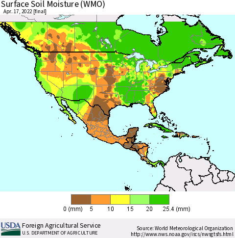 North America Surface Soil Moisture (WMO) Thematic Map For 4/11/2022 - 4/17/2022