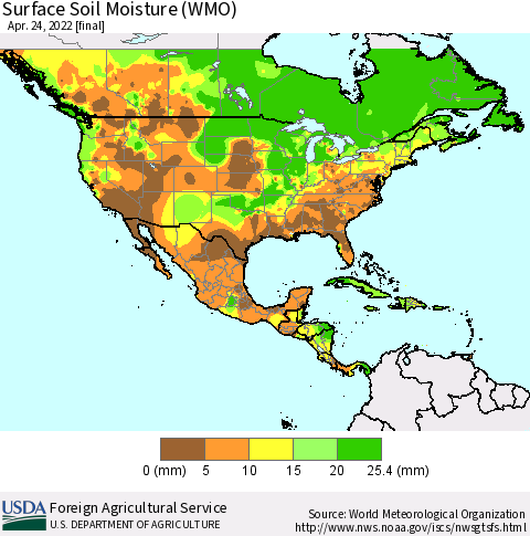 North America Surface Soil Moisture (WMO) Thematic Map For 4/18/2022 - 4/24/2022