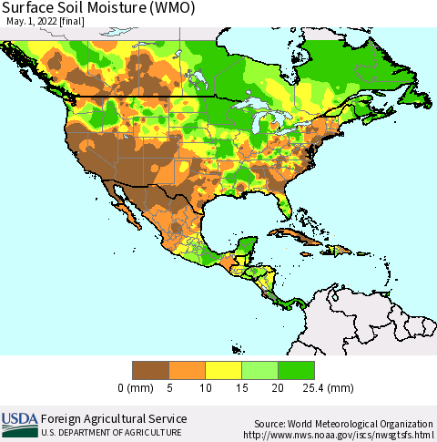 North America Surface Soil Moisture (WMO) Thematic Map For 4/25/2022 - 5/1/2022