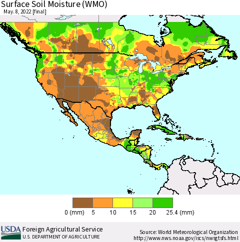 North America Surface Soil Moisture (WMO) Thematic Map For 5/2/2022 - 5/8/2022