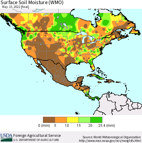 North America Surface Soil Moisture (WMO) Thematic Map For 5/9/2022 - 5/15/2022