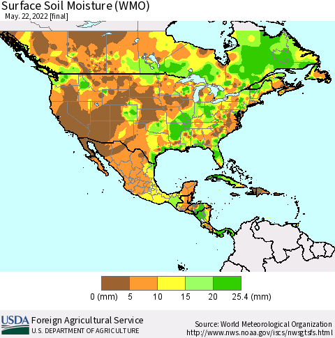 North America Surface Soil Moisture (WMO) Thematic Map For 5/16/2022 - 5/22/2022