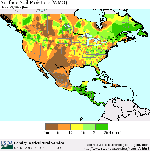 North America Surface Soil Moisture (WMO) Thematic Map For 5/23/2022 - 5/29/2022