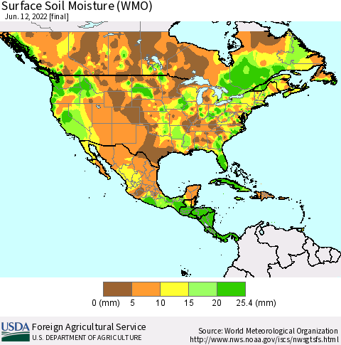 North America Surface Soil Moisture (WMO) Thematic Map For 6/6/2022 - 6/12/2022