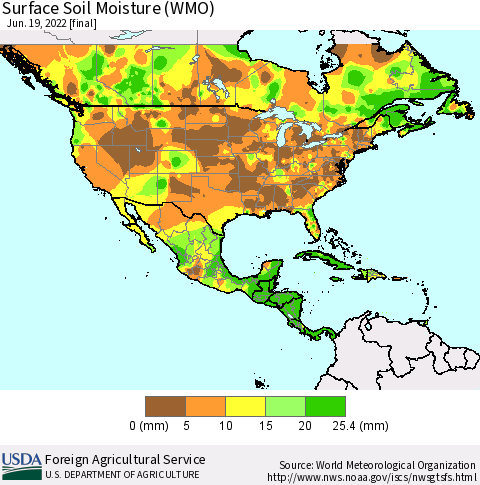 North America Surface Soil Moisture (WMO) Thematic Map For 6/13/2022 - 6/19/2022