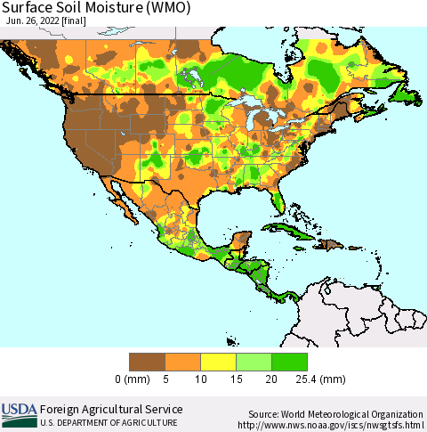 North America Surface Soil Moisture (WMO) Thematic Map For 6/20/2022 - 6/26/2022