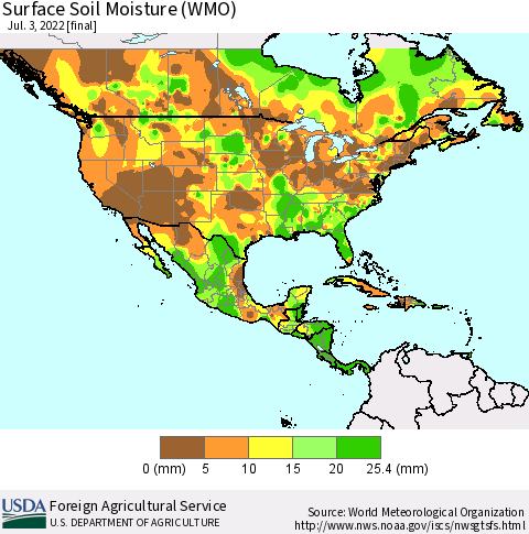 North America Surface Soil Moisture (WMO) Thematic Map For 6/27/2022 - 7/3/2022