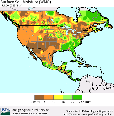 North America Surface Soil Moisture (WMO) Thematic Map For 7/4/2022 - 7/10/2022