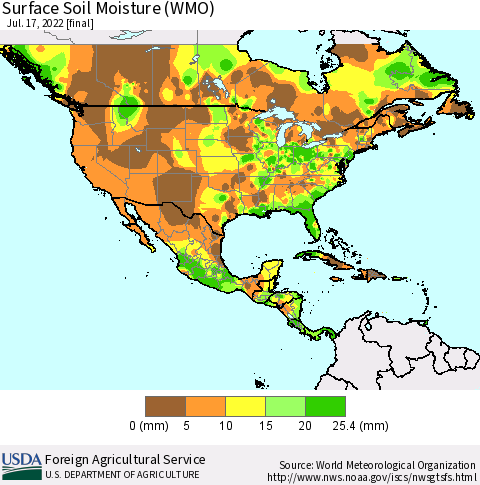 North America Surface Soil Moisture (WMO) Thematic Map For 7/11/2022 - 7/17/2022