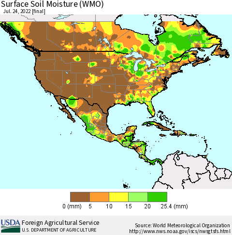 North America Surface Soil Moisture (WMO) Thematic Map For 7/18/2022 - 7/24/2022