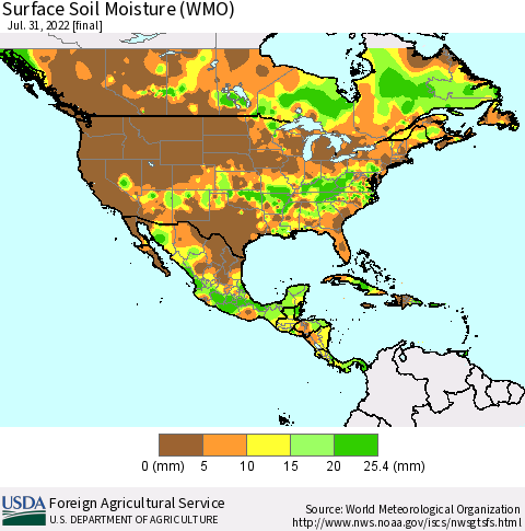 North America Surface Soil Moisture (WMO) Thematic Map For 7/25/2022 - 7/31/2022
