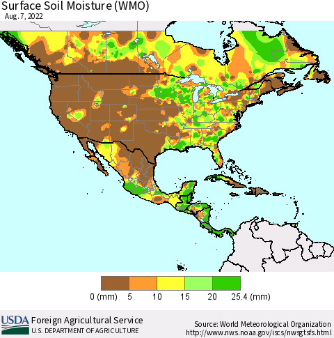North America Surface Soil Moisture (WMO) Thematic Map For 8/1/2022 - 8/7/2022