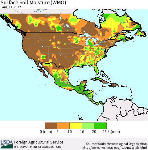 North America Surface Soil Moisture (WMO) Thematic Map For 8/8/2022 - 8/14/2022