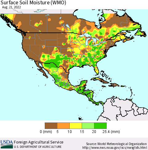 North America Surface Soil Moisture (WMO) Thematic Map For 8/15/2022 - 8/21/2022